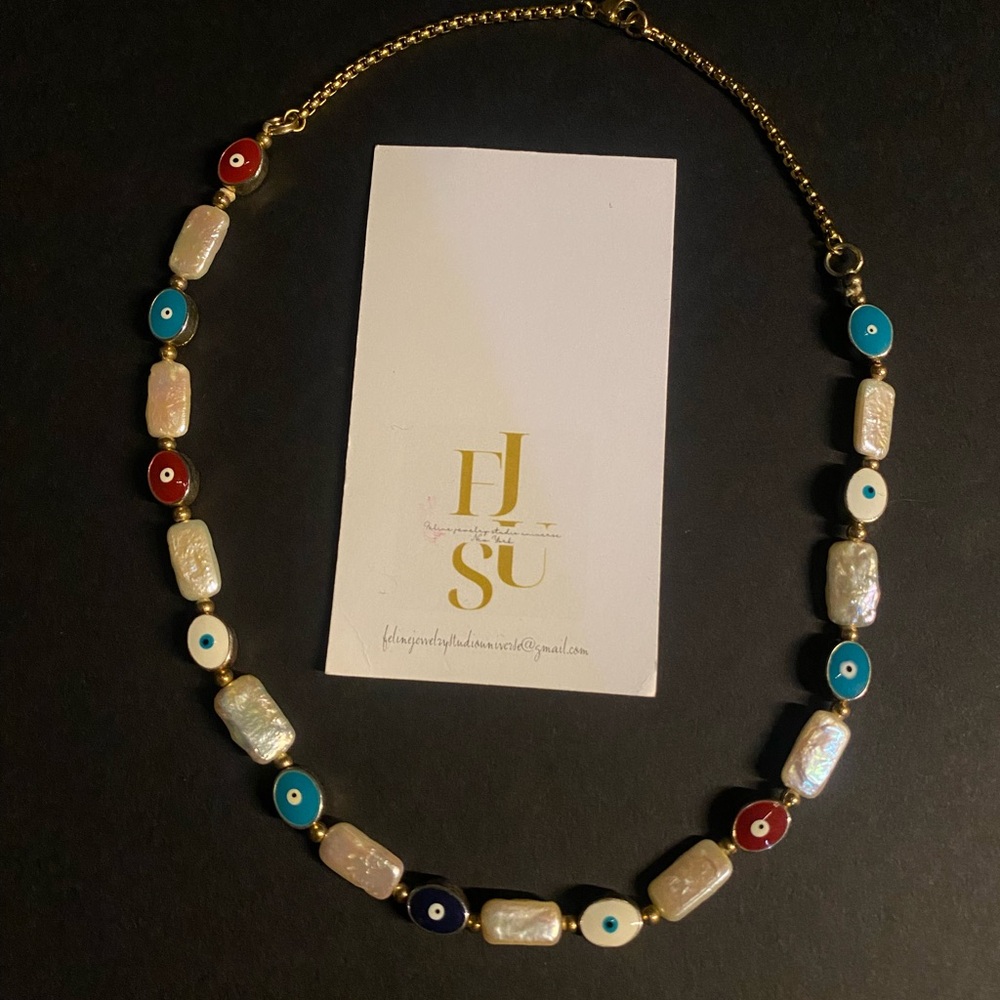Irregular Authentic Pearls and Enamel Necklace